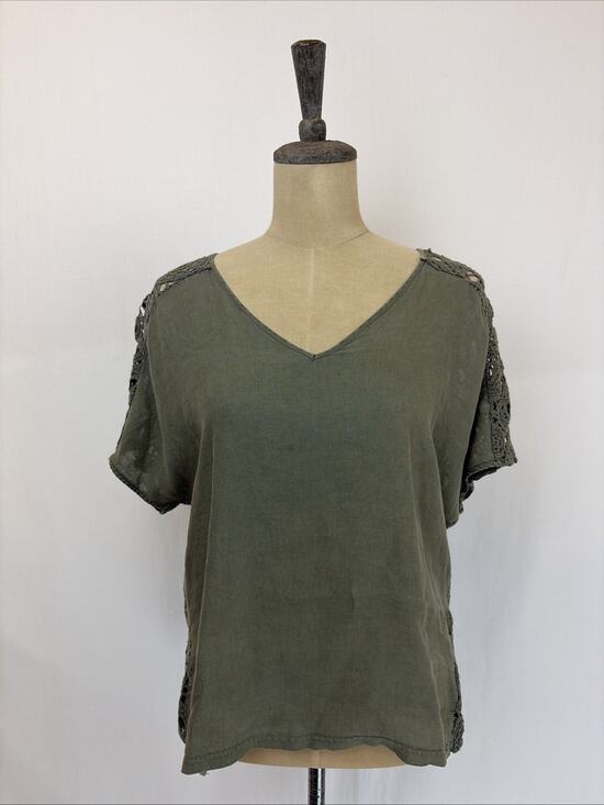 XCVI Tops - NWT XCVI Green Linen Crochet Short Sleeve High Low Hem Top SMALL #0653